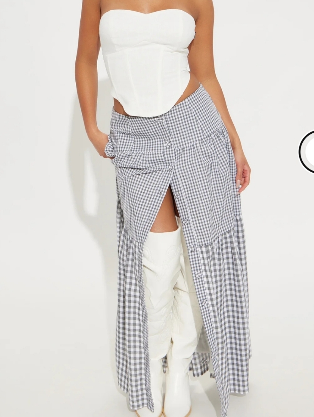 Harper Gingham Tiered Maxi Skirt - Grey/combo